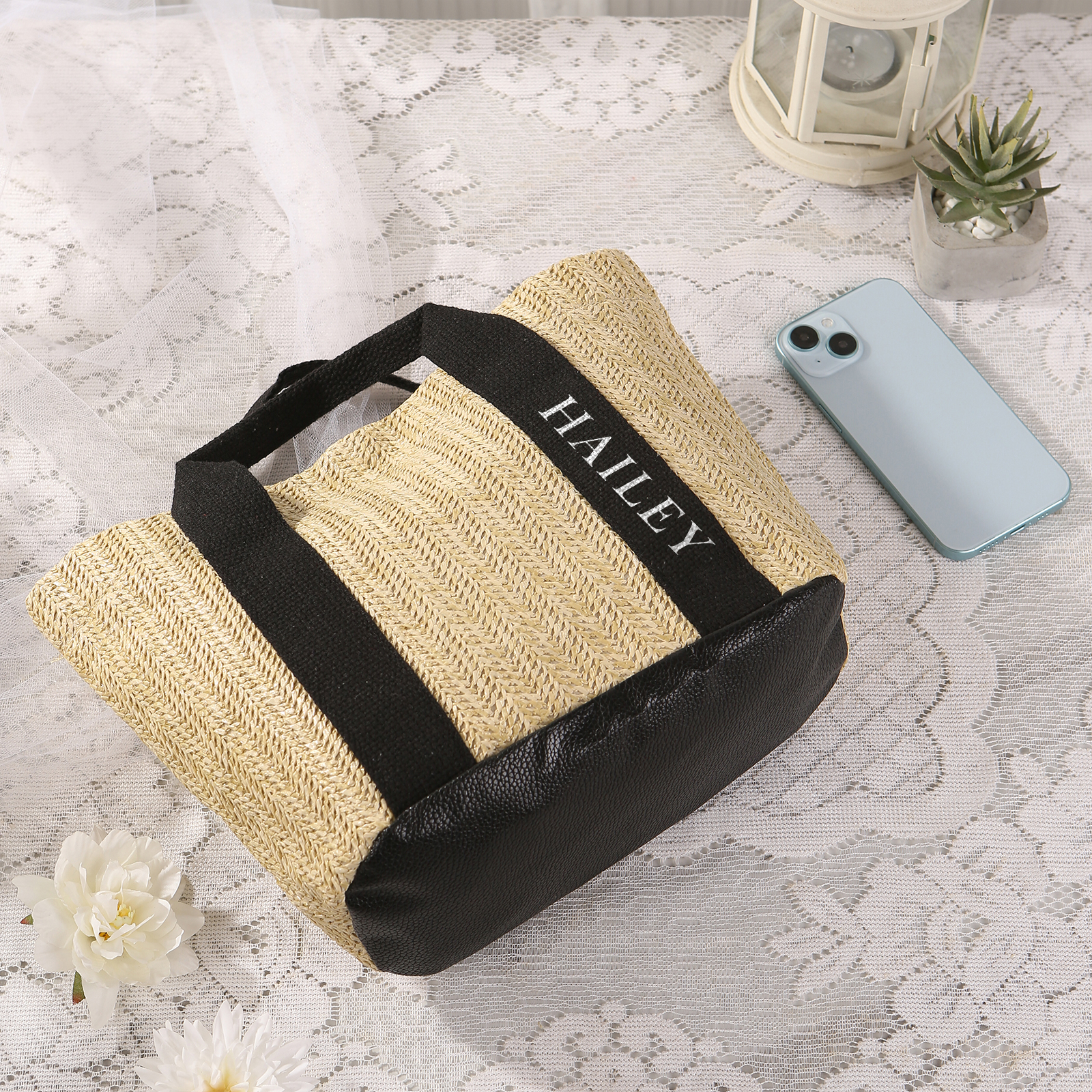 Personalized Straw Tote Bag with Custom Name – Choose from 5 Fonts & 3 Colors – Custom Gift for Mom, Teacher, Friends