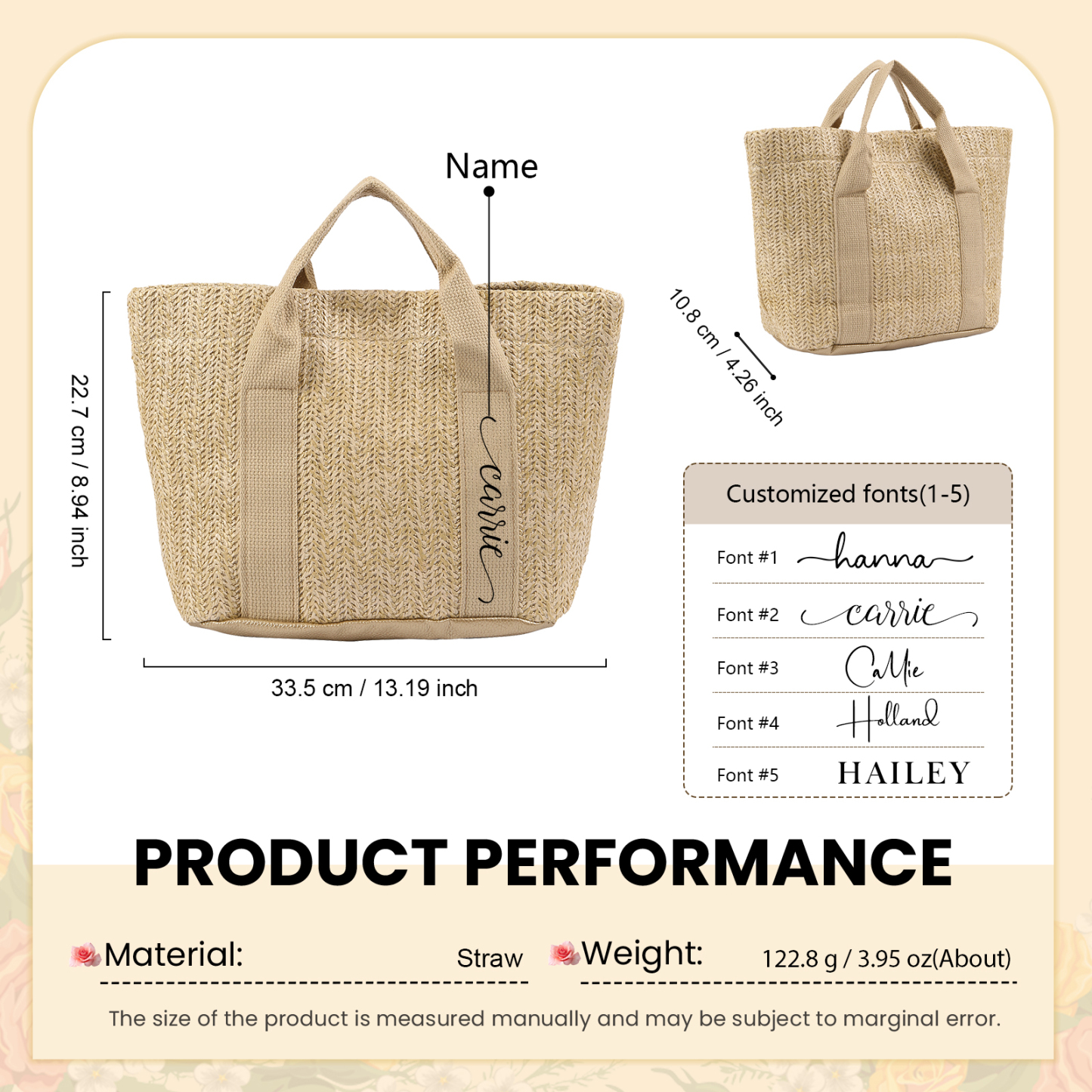 Personalized Straw Tote Bag with Custom Name – Choose from 5 Fonts & 3 Colors – Custom Gift for Mom, Teacher, Friends