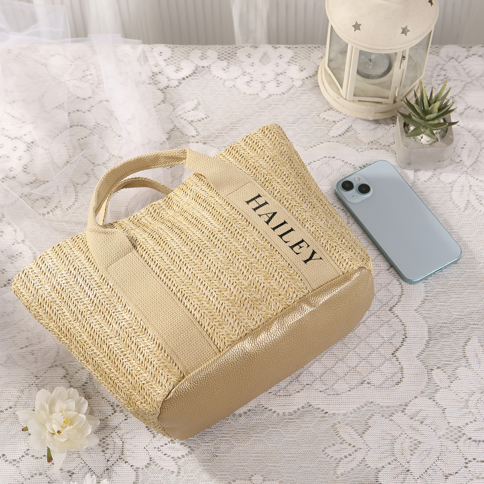 Personalized Straw Tote Bag with Custom Name – Choose from 5 Fonts & 3 Colors – Custom Gift for Mom, Teacher, Friends