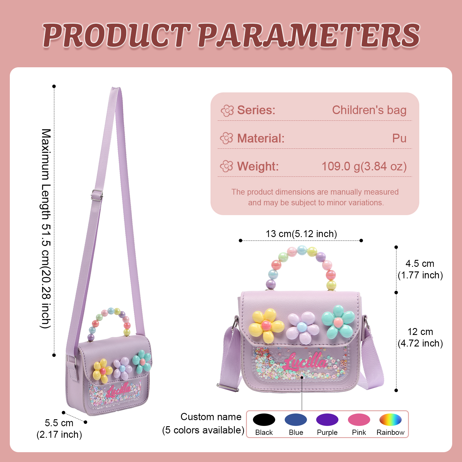 Best Present for Kids – Personalized Custom Name Makeup Bag with Colorful Beaded Handle & Floral Design