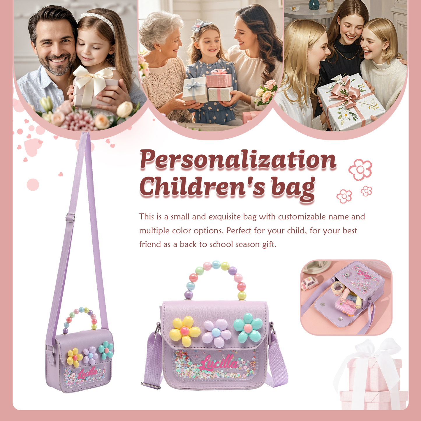 Best Present for Kids – Personalized Custom Name Makeup Bag with Colorful Beaded Handle & Floral Design