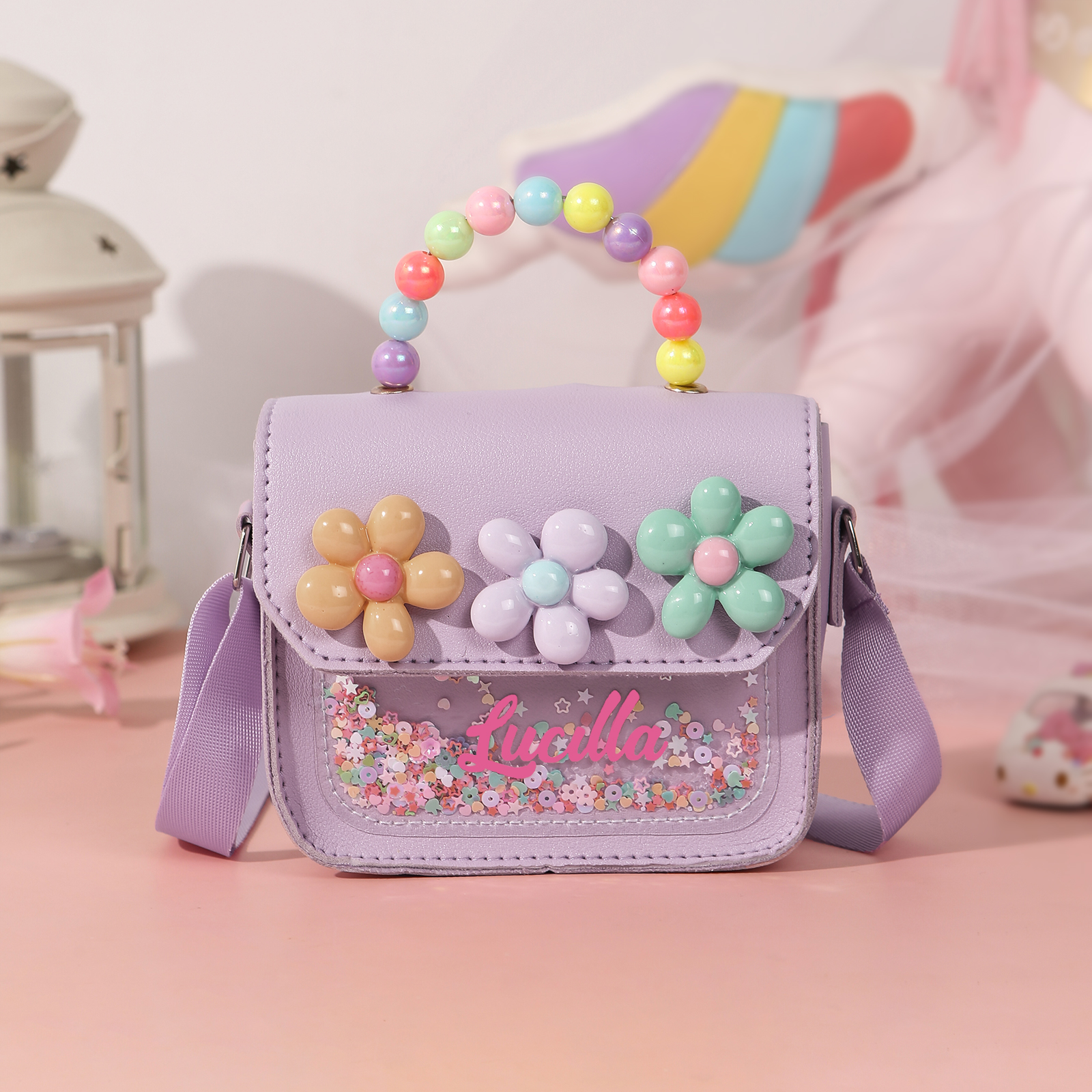 Best Present for Kids – Personalized Custom Name Makeup Bag with Colorful Beaded Handle & Floral Design