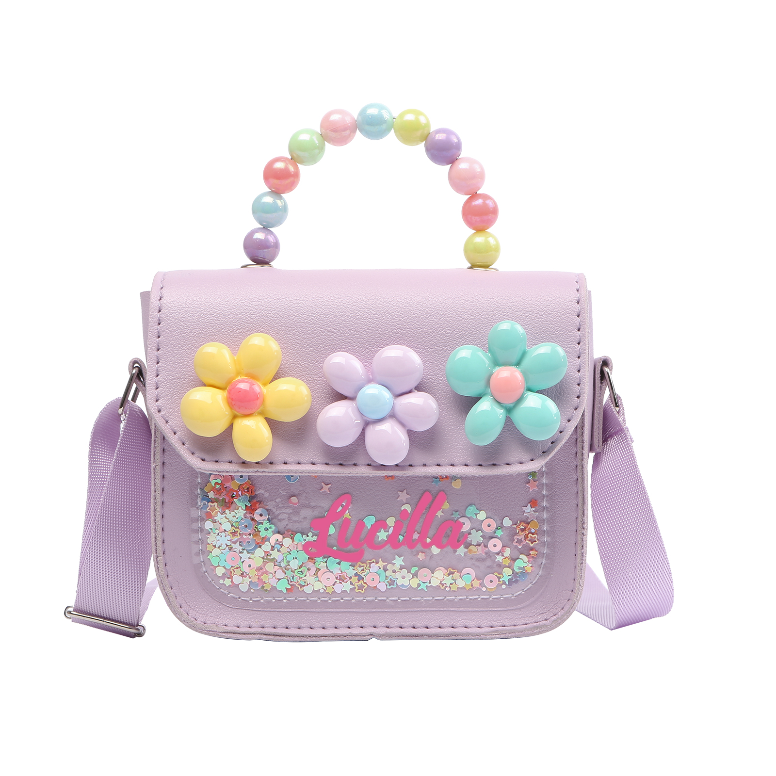 Best Present for Kids – Personalized Custom Name Makeup Bag with Colorful Beaded Handle & Floral Design