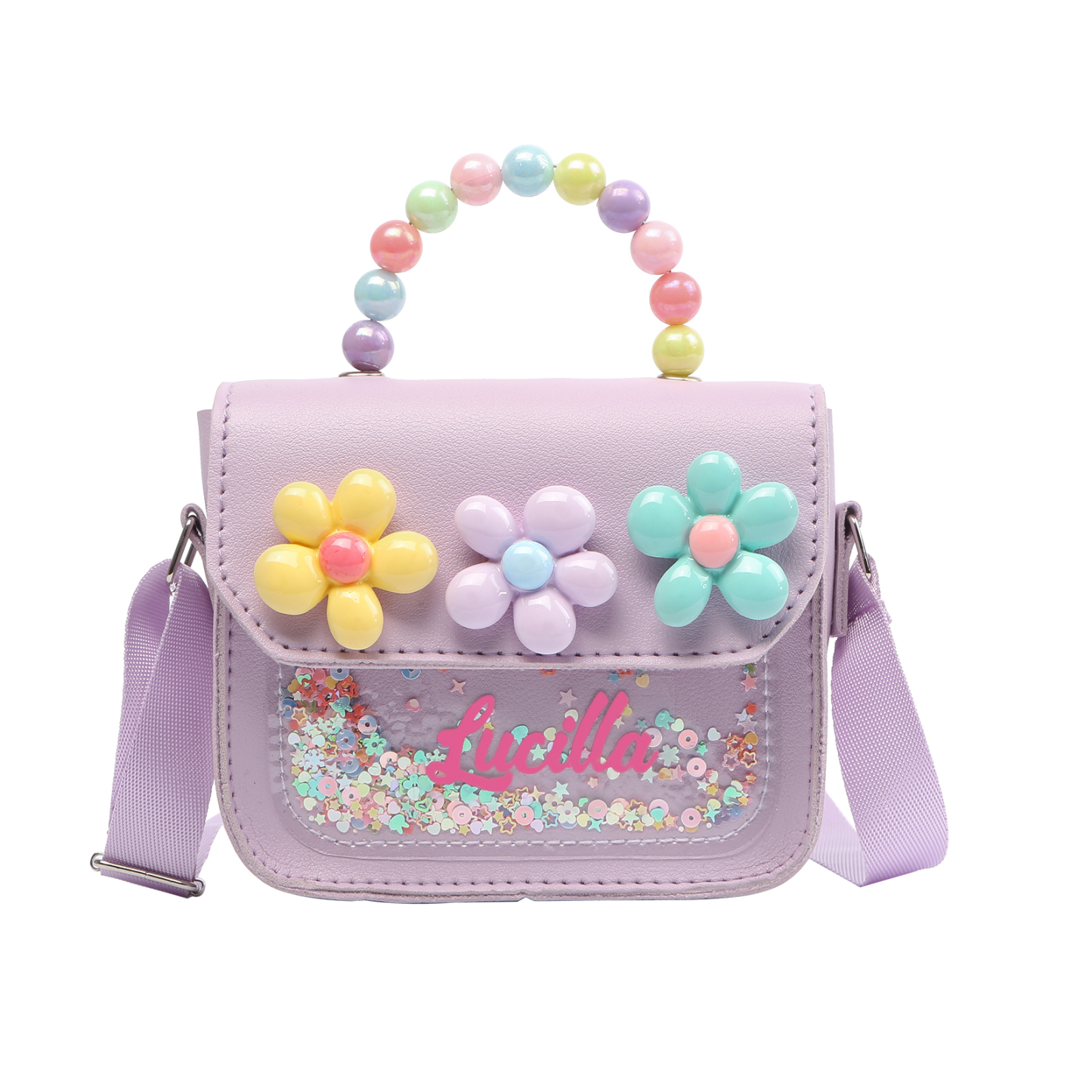 Best Present for Kids – Personalized Custom Name Makeup Bag with Colorful Beaded Handle & Floral Design