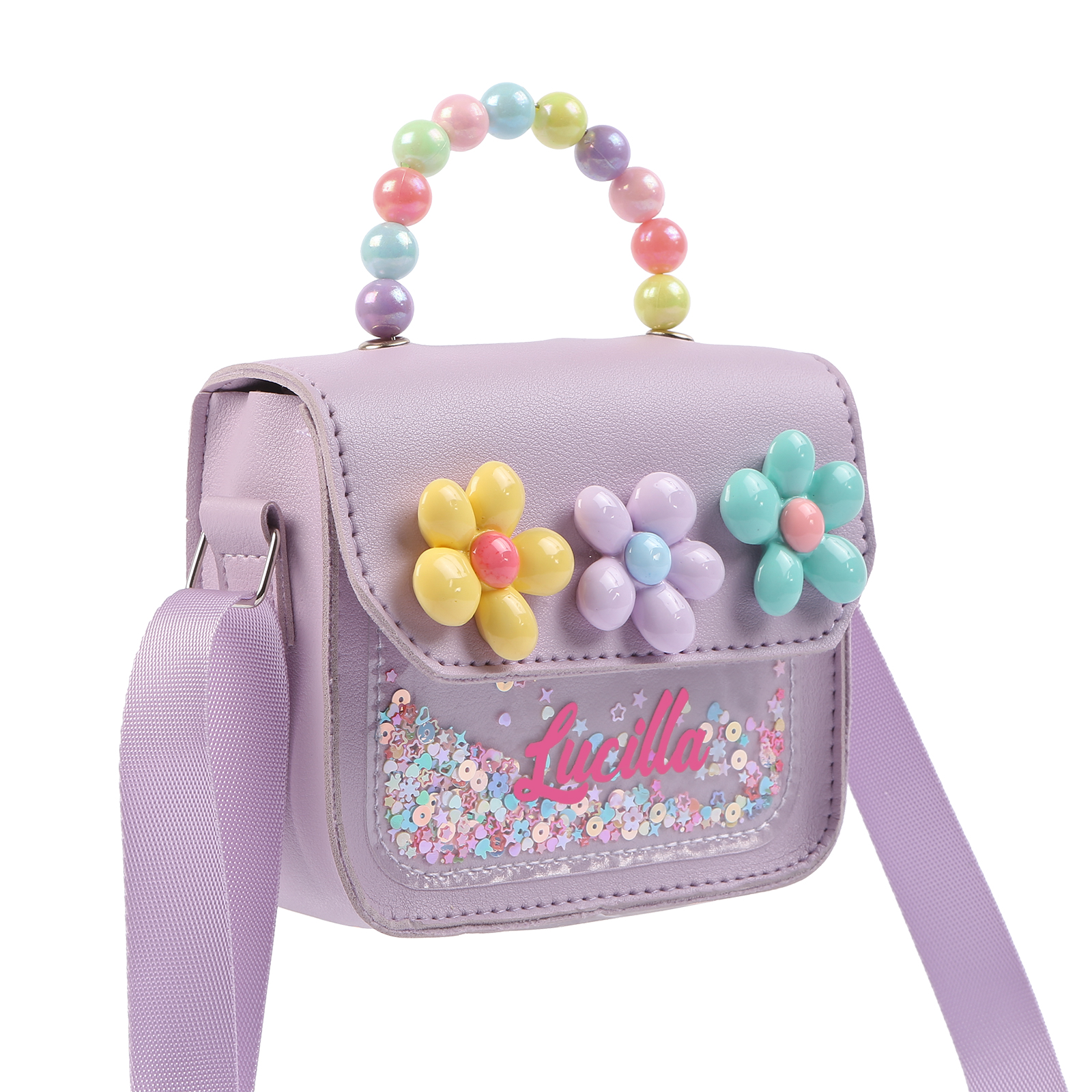 Best Present for Kids – Personalized Custom Name Makeup Bag with Colorful Beaded Handle & Floral Design