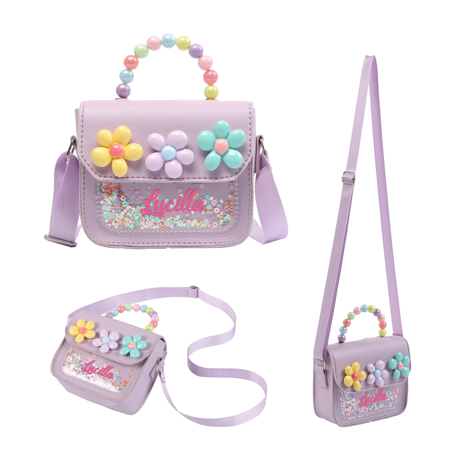 Best Present for Kids – Personalized Custom Name Makeup Bag with Colorful Beaded Handle & Floral Design