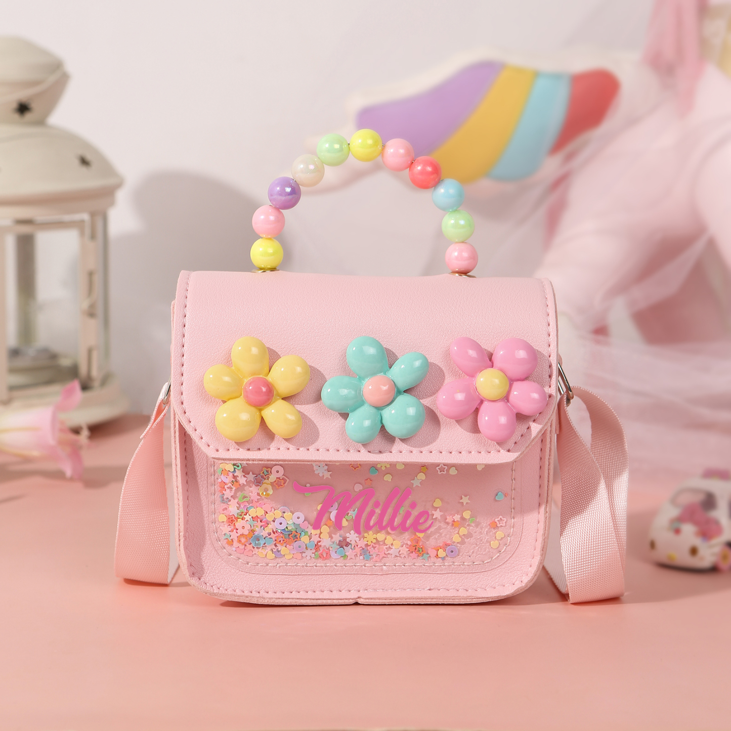 Best Present for Kids – Personalized Custom Name Makeup Bag with Colorful Beaded Handle & Floral Design