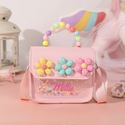 Best Present for Kids – Personalized Custom Name Makeup Bag with Colorful Beaded Handle & Floral Design