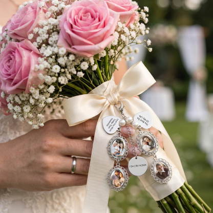 Personalized Memorial Bouquet Charm with Pearl Beads Custom 1-4 Photos
