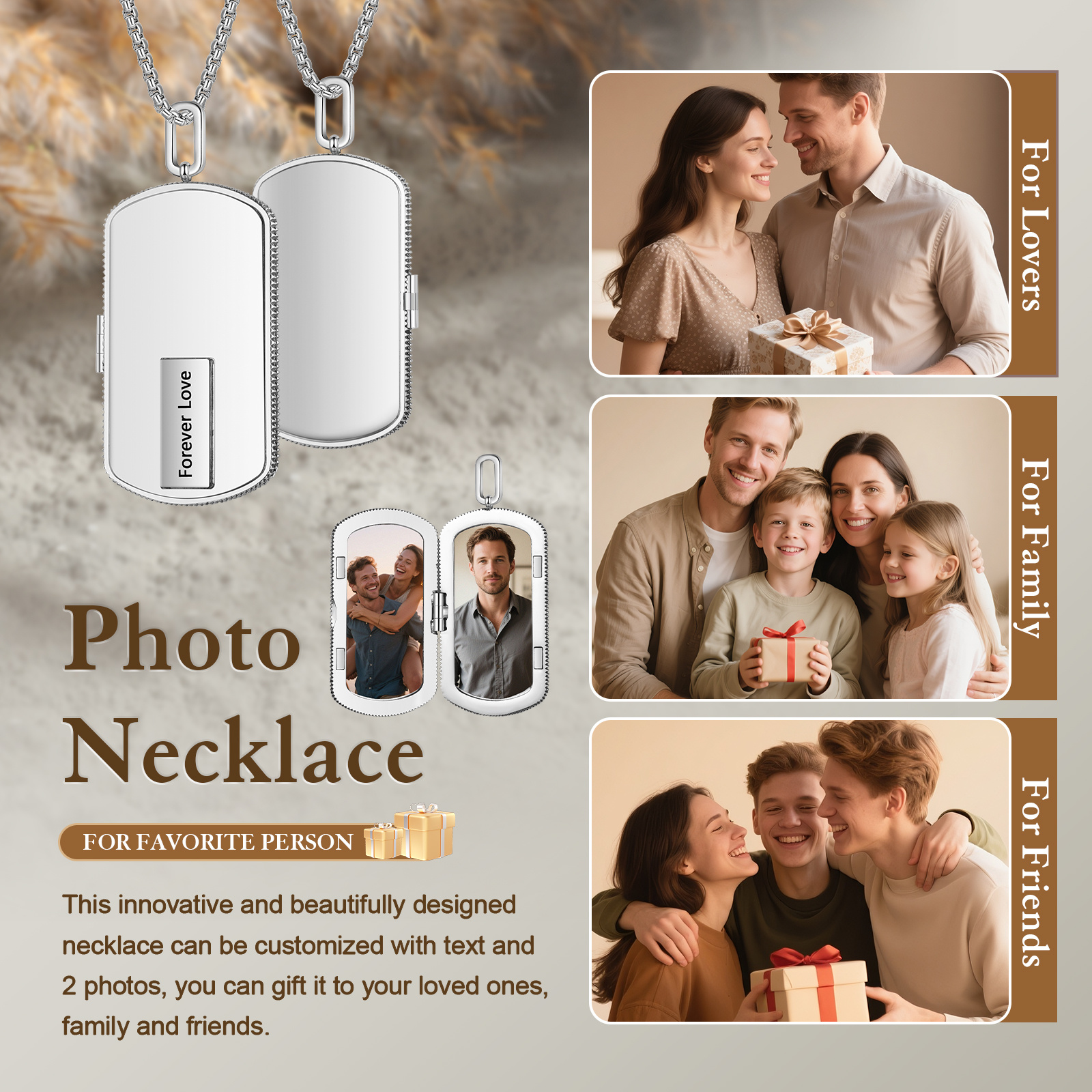 Personalized Dog Tag Locket Necklace for Men with Engraving and 2 Photos