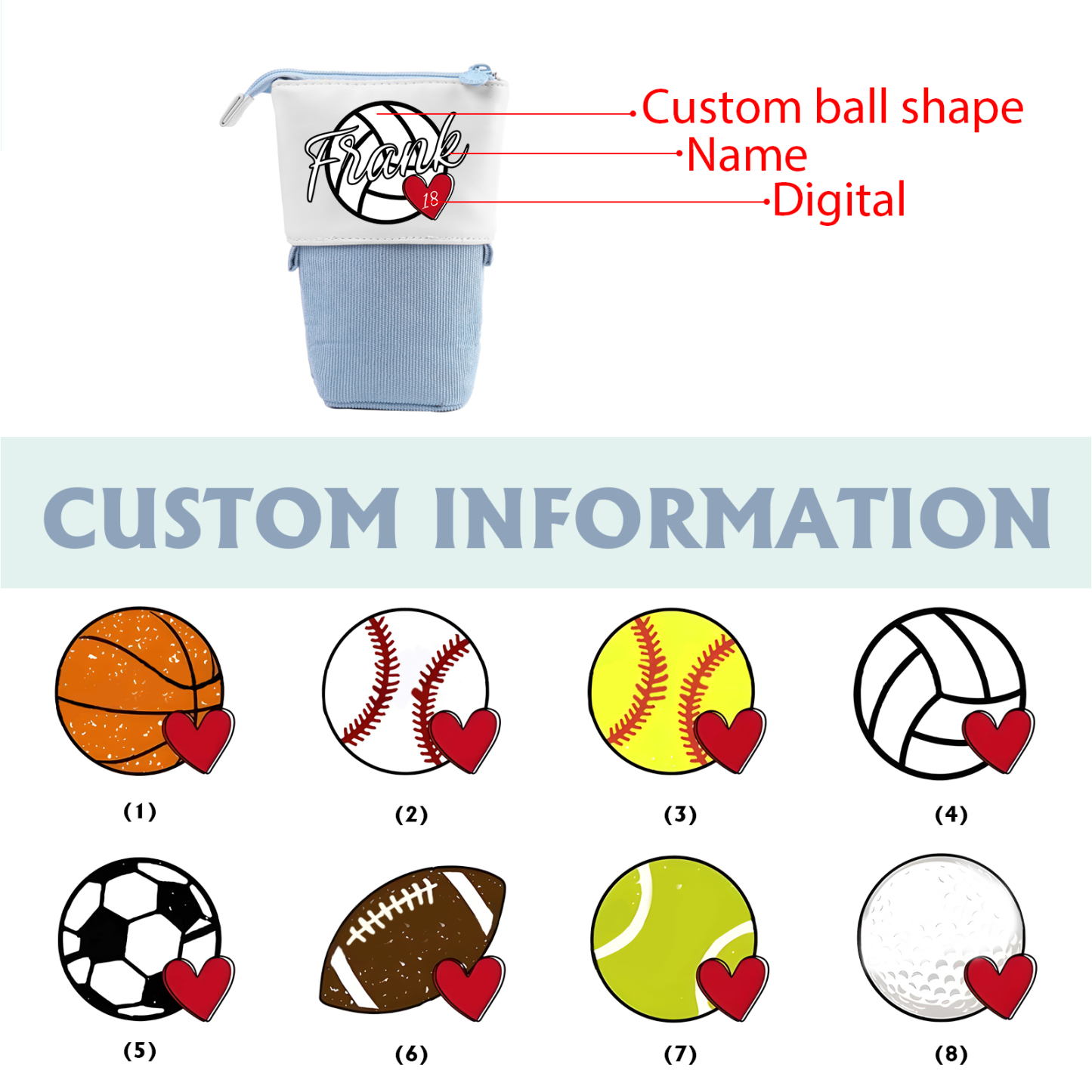 Personalized Pencil Case Customized Name & Ball & Number Pencil Case Back to School Gift for Boys Girls