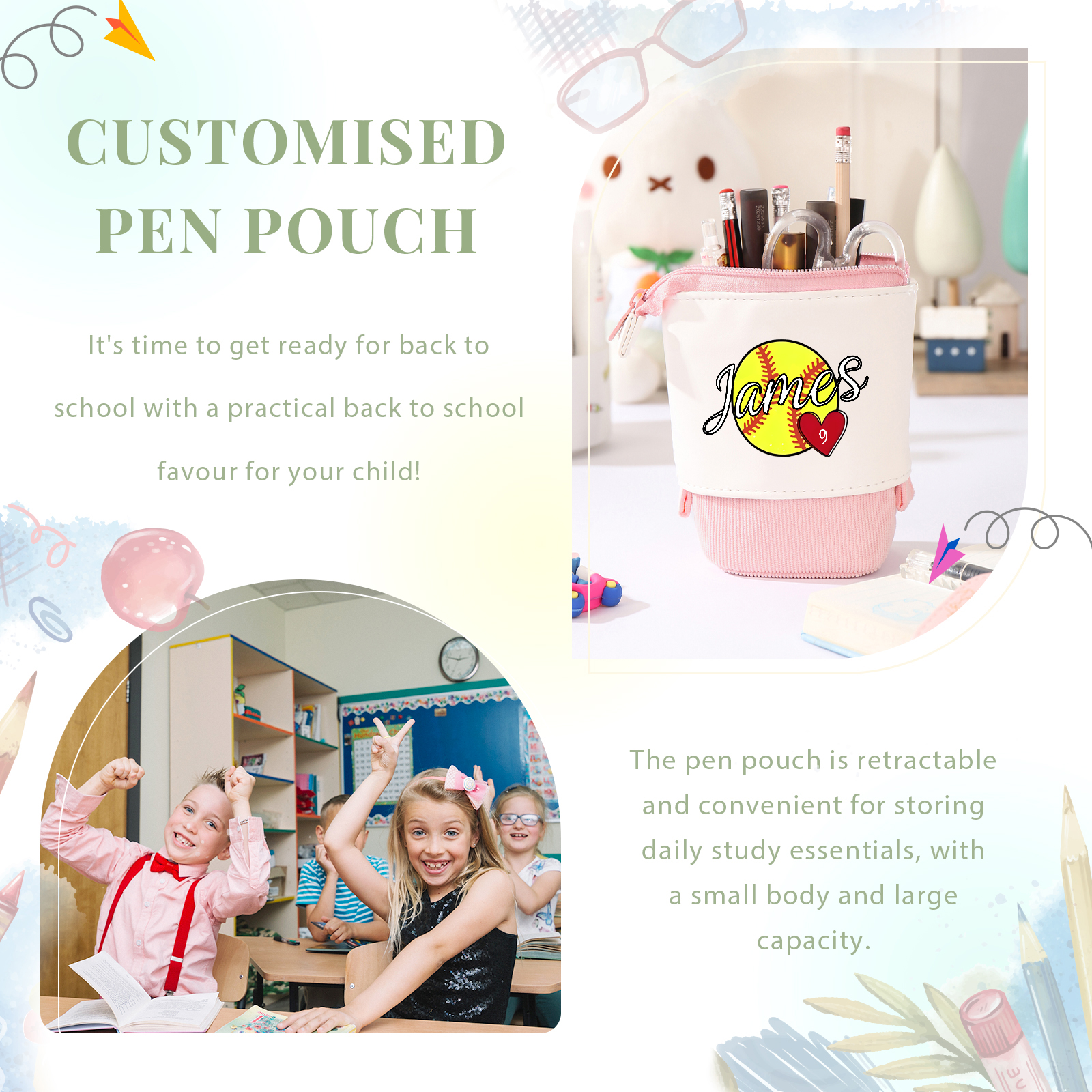 Personalized Pencil Case Customized Name & Ball & Number Pencil Case Back to School Gift for Boys Girls