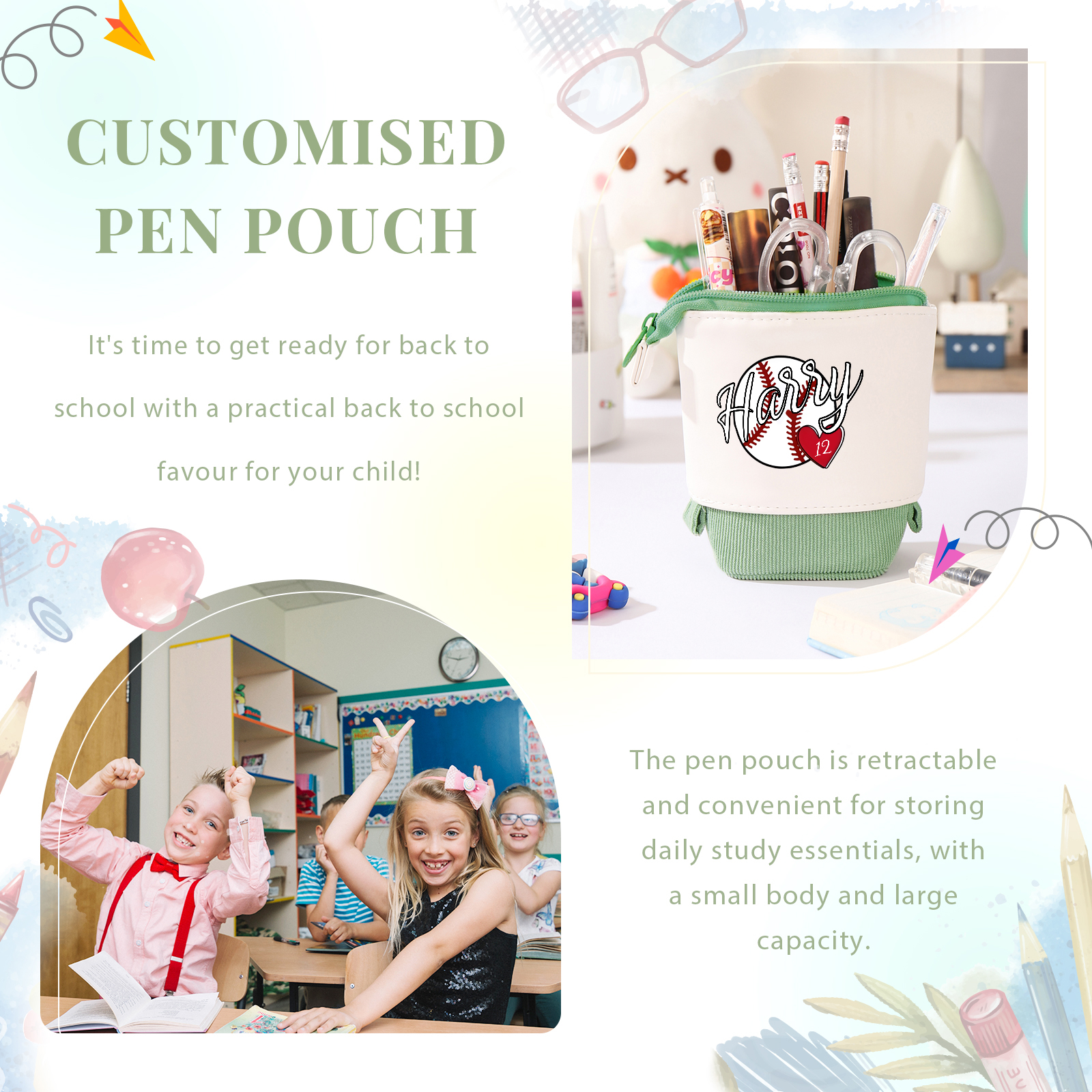 Personalized Pencil Case Customized Name & Ball & Number Pencil Case Back to School Gift for Boys Girls