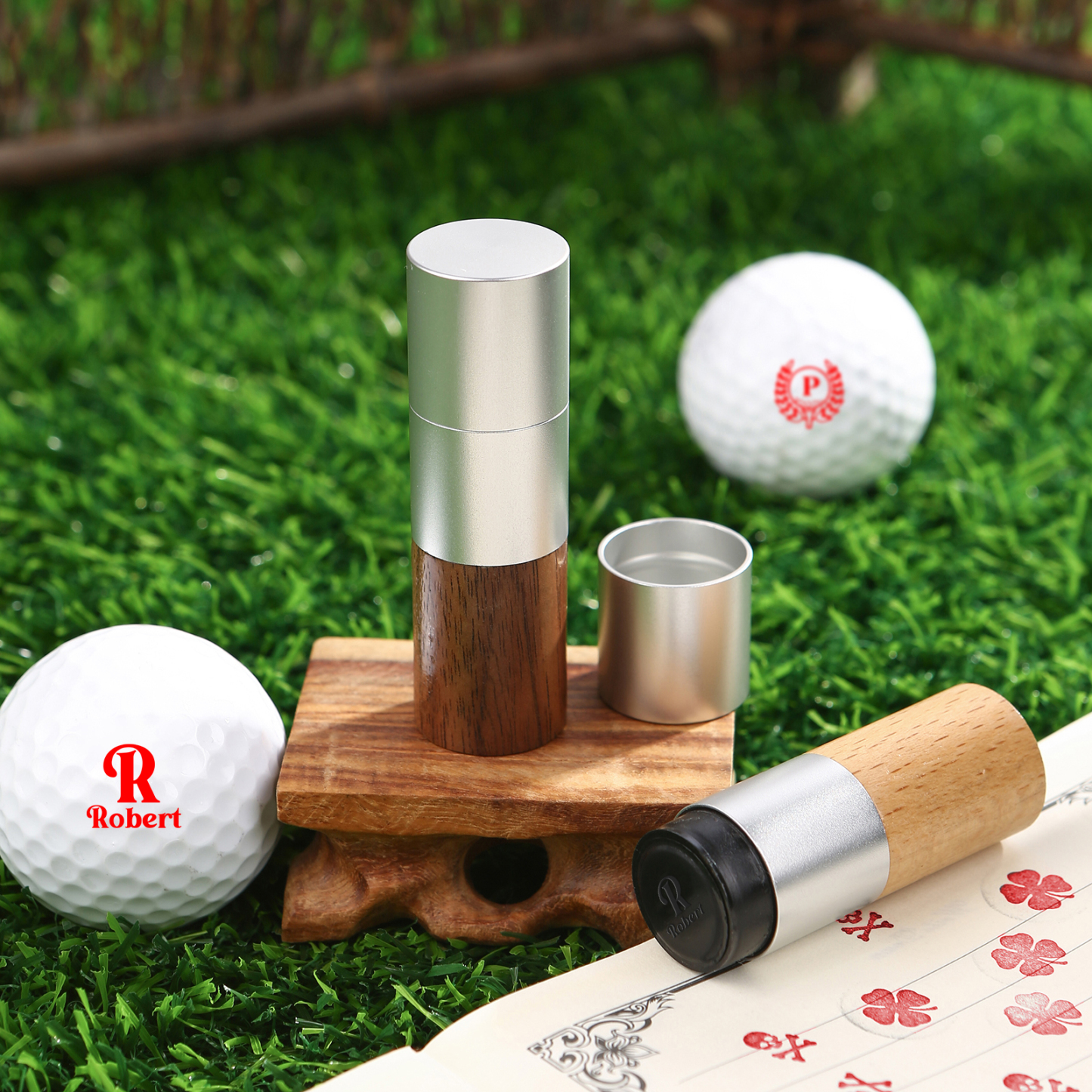 Personalized Golf Ball Pattern Seal – Elegant Wood Design