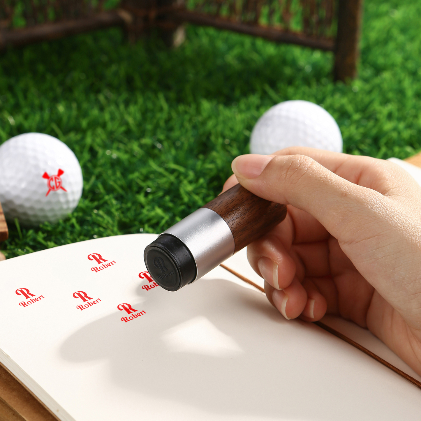 Personalized Golf Ball Pattern Seal – Elegant Wood Design