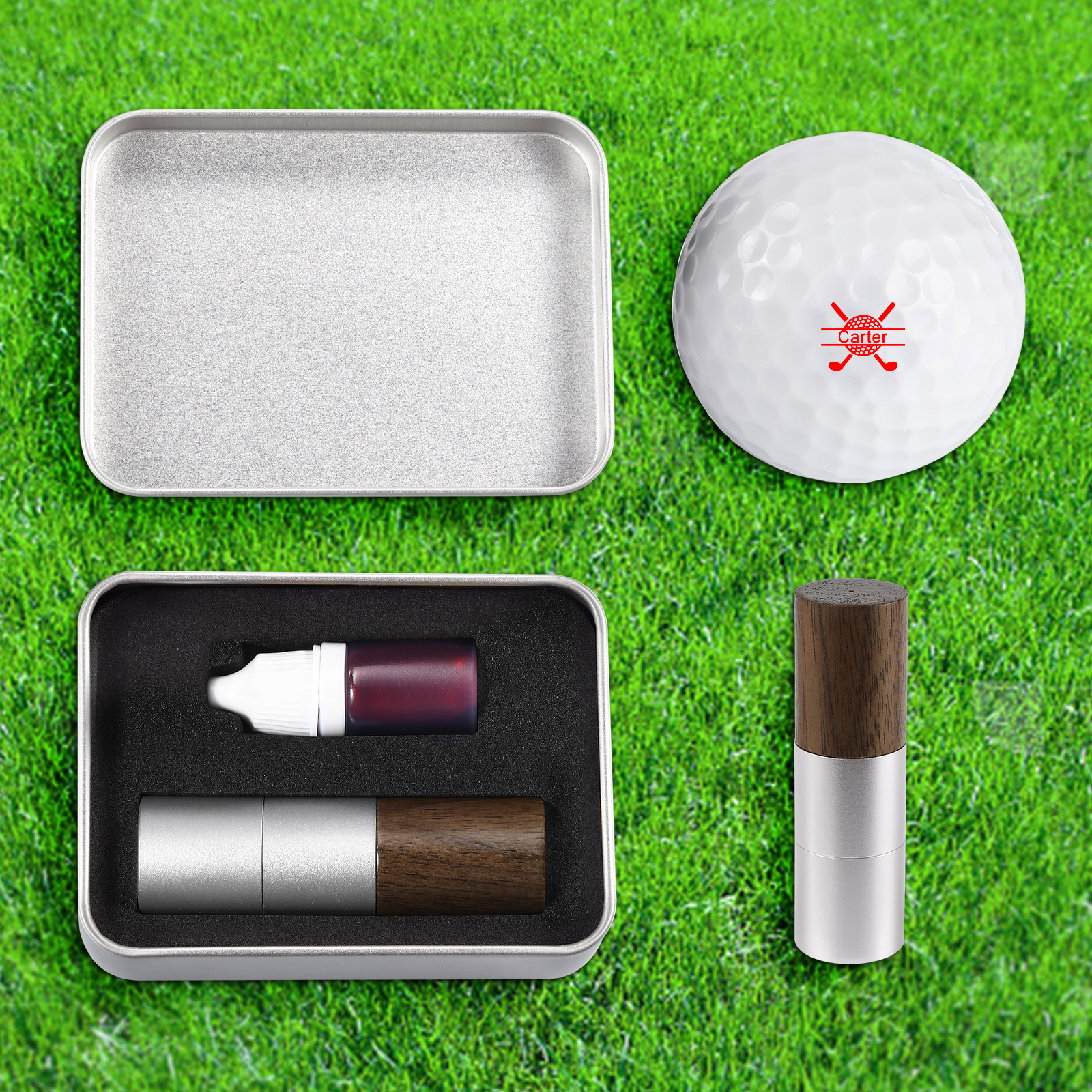 Personalized Golf Ball Pattern Seal – Elegant Wood Design