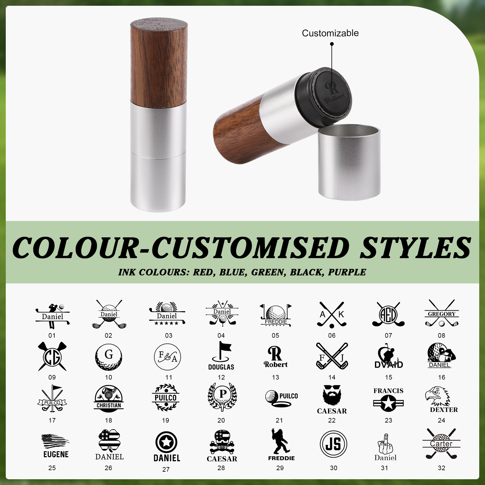 Personalized Golf Ball Pattern Seal – Elegant Wood Design