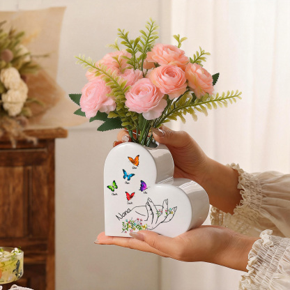 Personalized Ceramic Heart Vase Custom with 2–8 Names and Butterfly