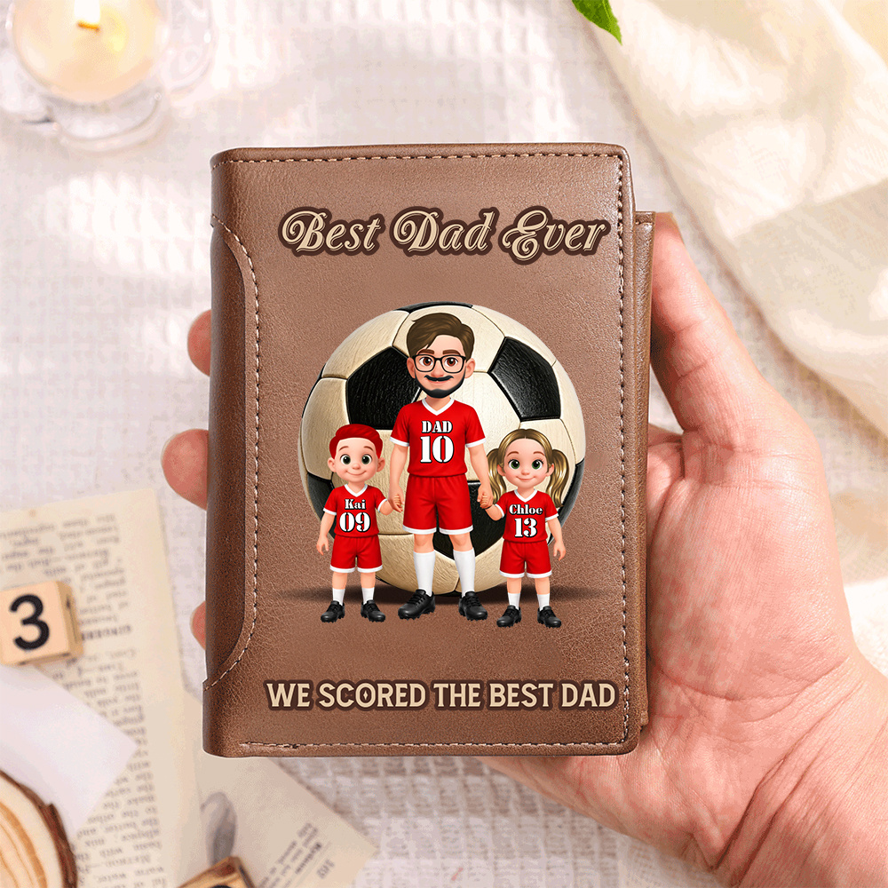 Personalized Leather Wallet for Dad Soccer Team Customized with 1-6 Children