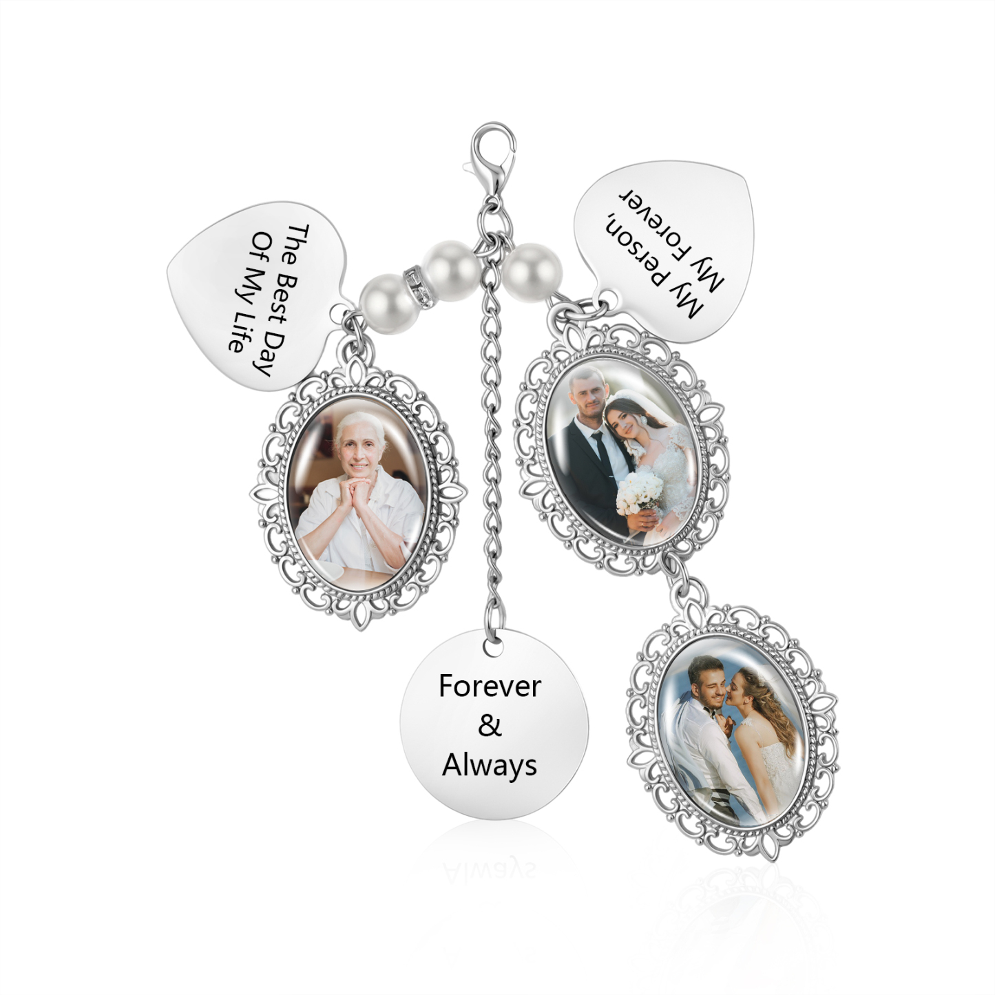 Personalized Memorial Bouquet Charm with Pearl Beads Custom 1-4 Photos
