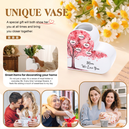 Personalized Heart Shaped Ceramic Vase With Pink Family Tree Customized With 1–12 Names