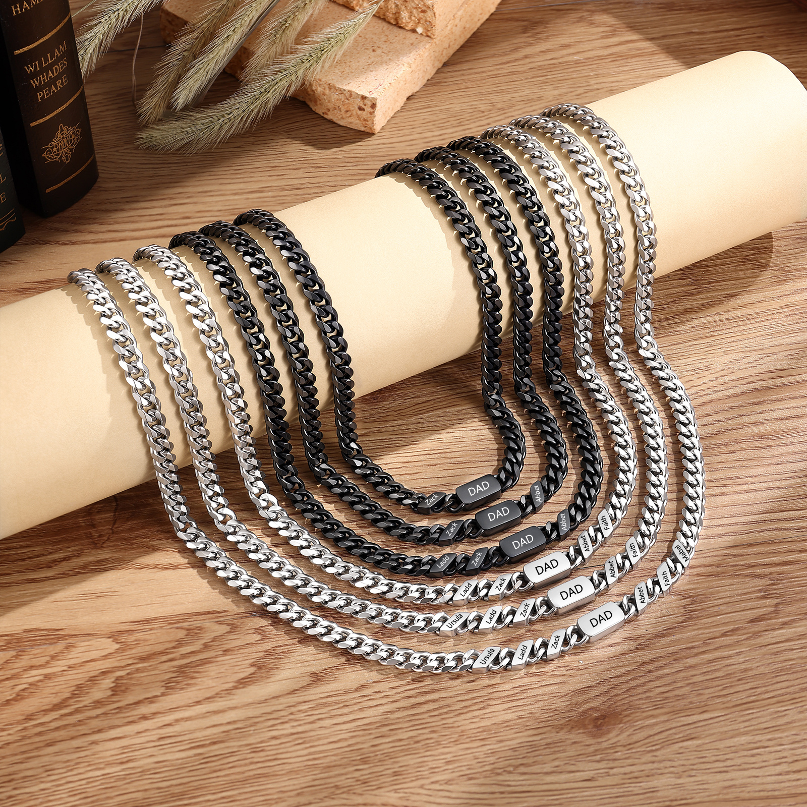 Personalized Cuban Chain Necklace for Dad Grandpa Man Cutsomized with 1-6 Names and Engraved Text