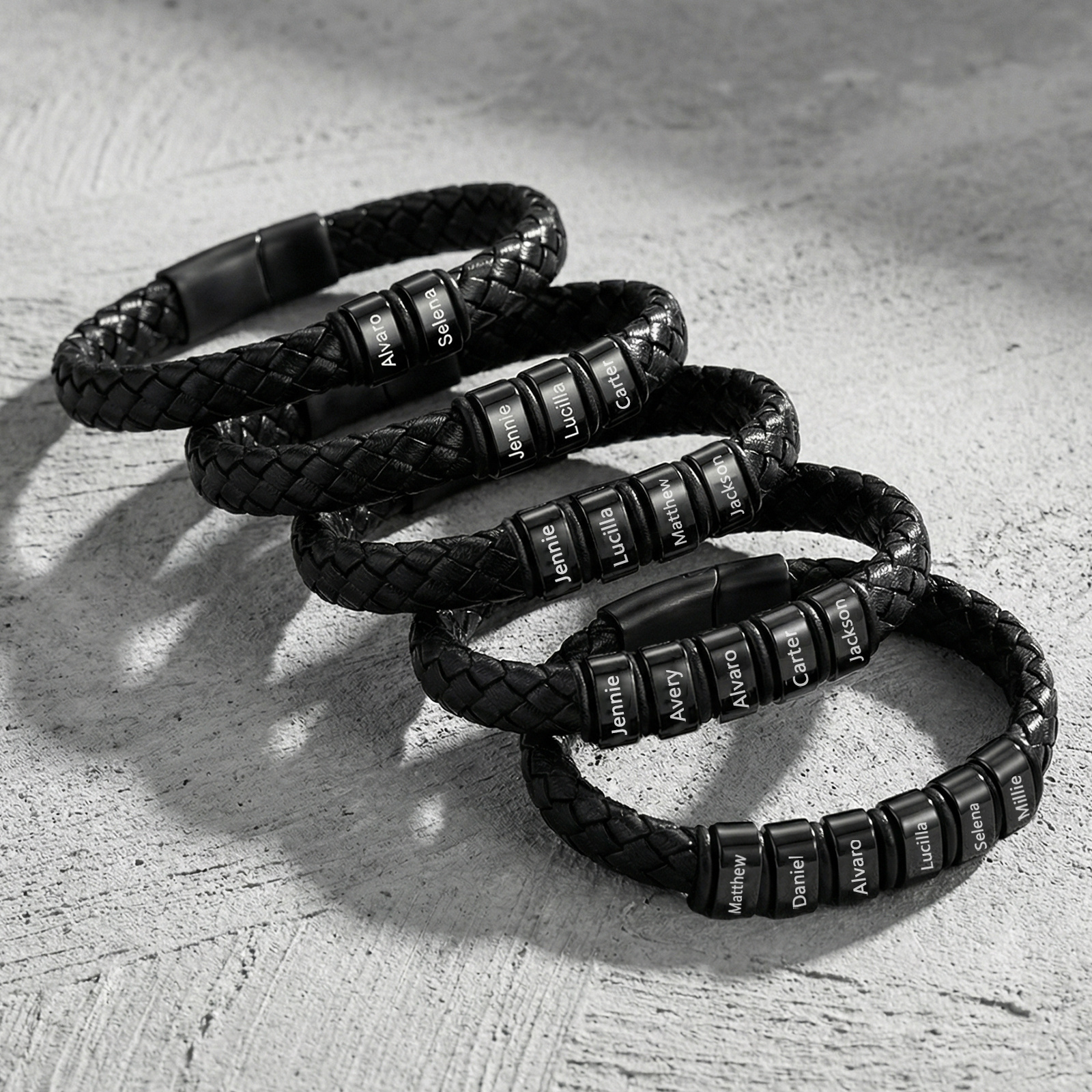 Personalized Leather Braided Bracelet Custom with 2-6 Name Beads