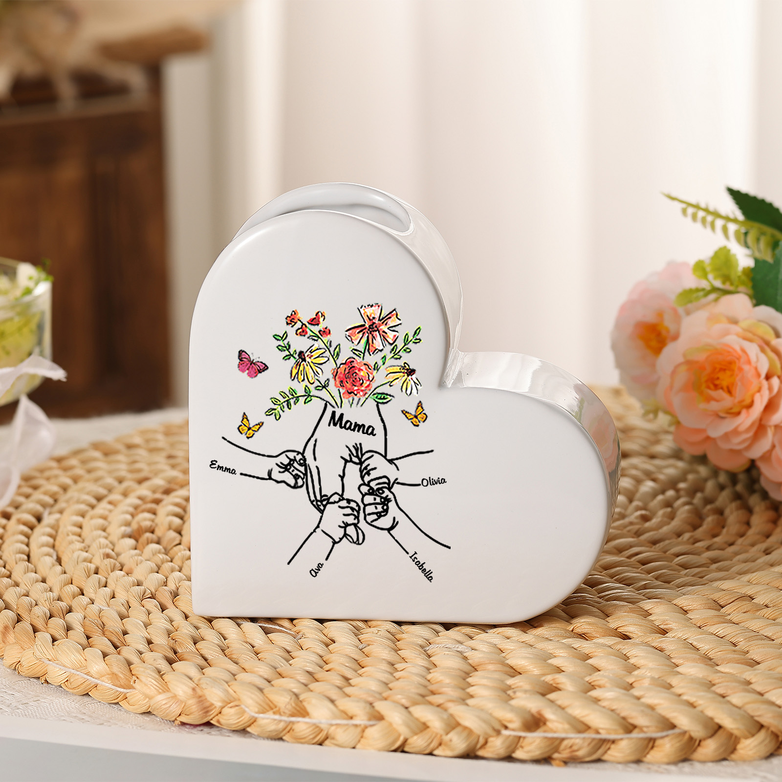 Personalized ceramic heart vase custom with text and 2–8 children’s names