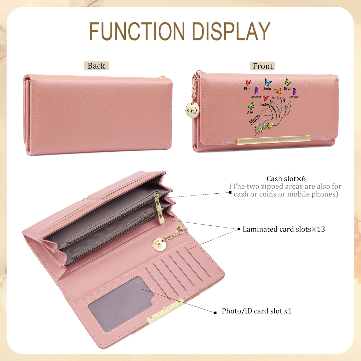 Personalized Women Wallet Floral Butterfly Design Customized With 2–8 Names