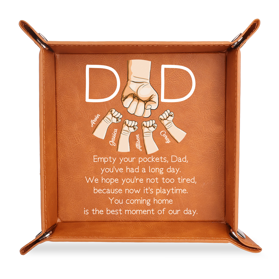 Personalized Leather Valet Tray For Dad Engraved With 1–6 Names And Fist Bumps Design