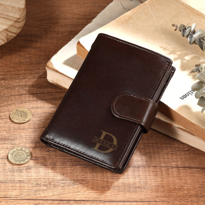 Personalized Genuine Leather RFID Blocking Mens Wallet with Snap Closure Custom Name Initials Engraved Fathers Day Birthday Gift for Dad Boyfriend Husband Grandpa Friend | Jessemade