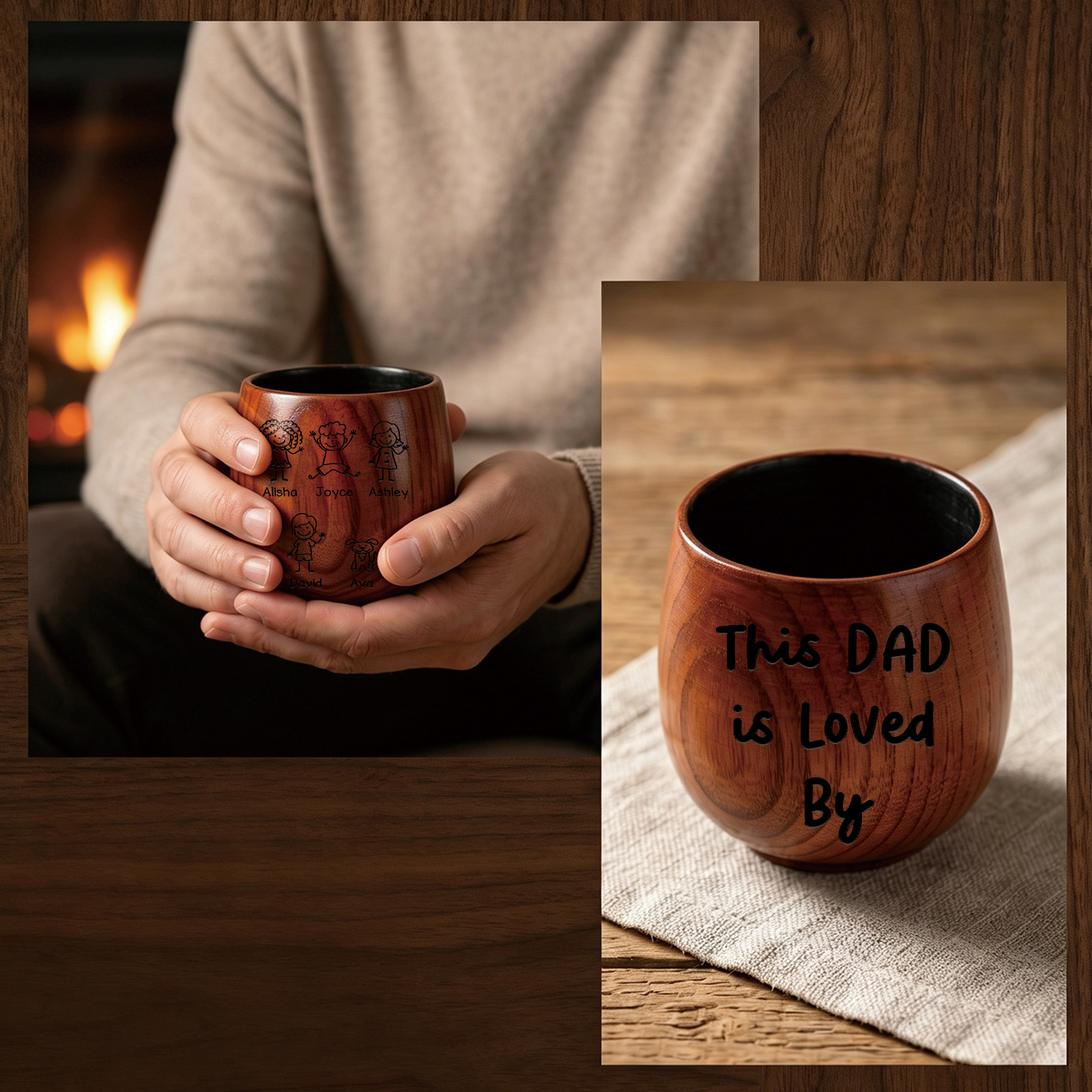 Personalized Wooden Whiskey Tumbler Engraved Mug Customized with 1-8 Kids Names