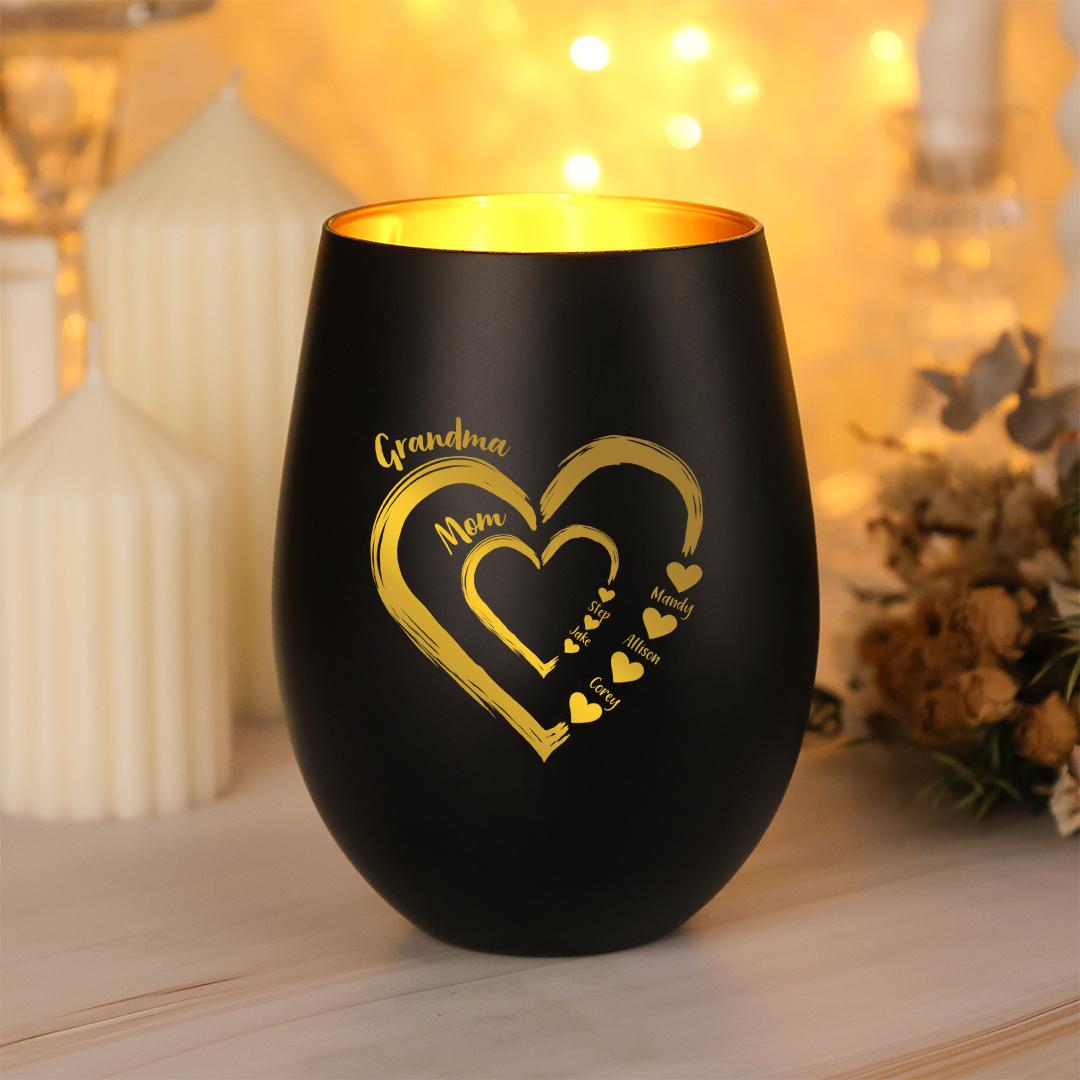 Personalized Glass Candle Holder Heart Print Custom With 2–18 Names Family Gift For Grandma Or Mom
