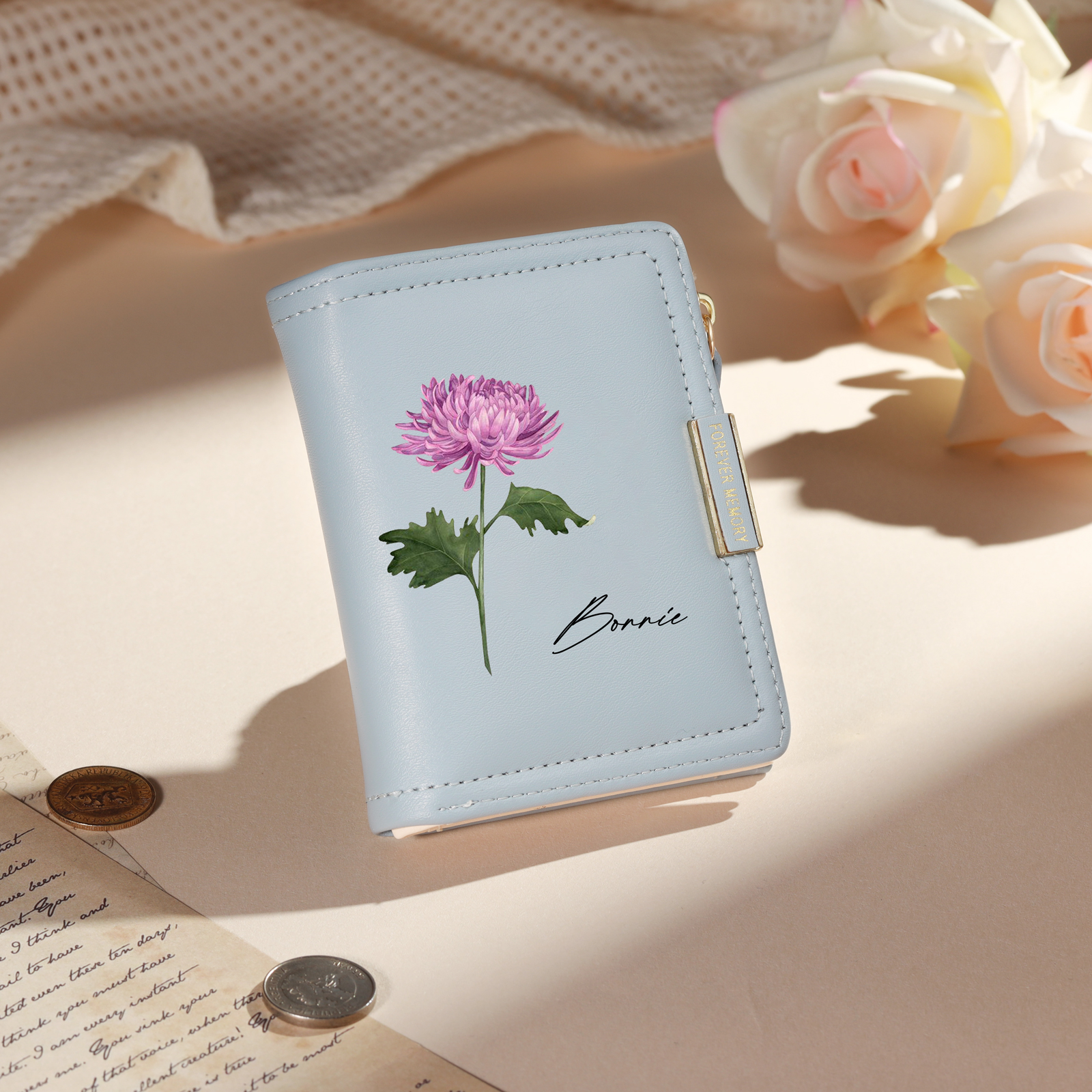Personalized Women’s Leather Wallet Custom With Name And Birth Flower