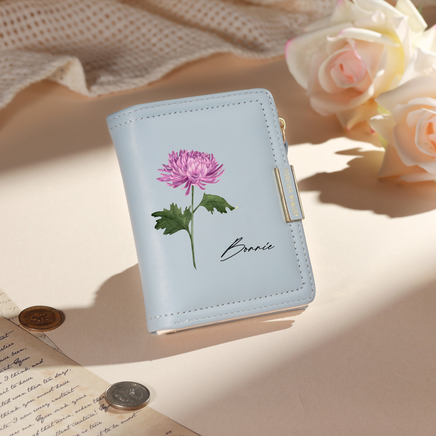 Personalized Women’s Leather Wallet Custom With Name And Birth Flower