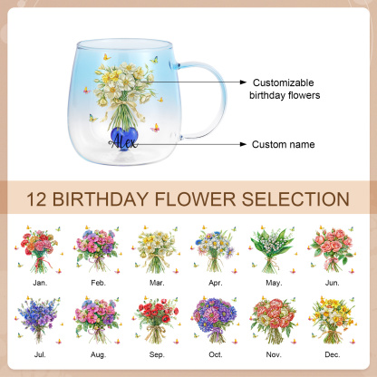 Custom Name Birth Flower Ombre Pink Glass Mug