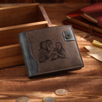 Personalized Men’s Leather Bifold Wallet with Engraved photo Custom Initials and Name
