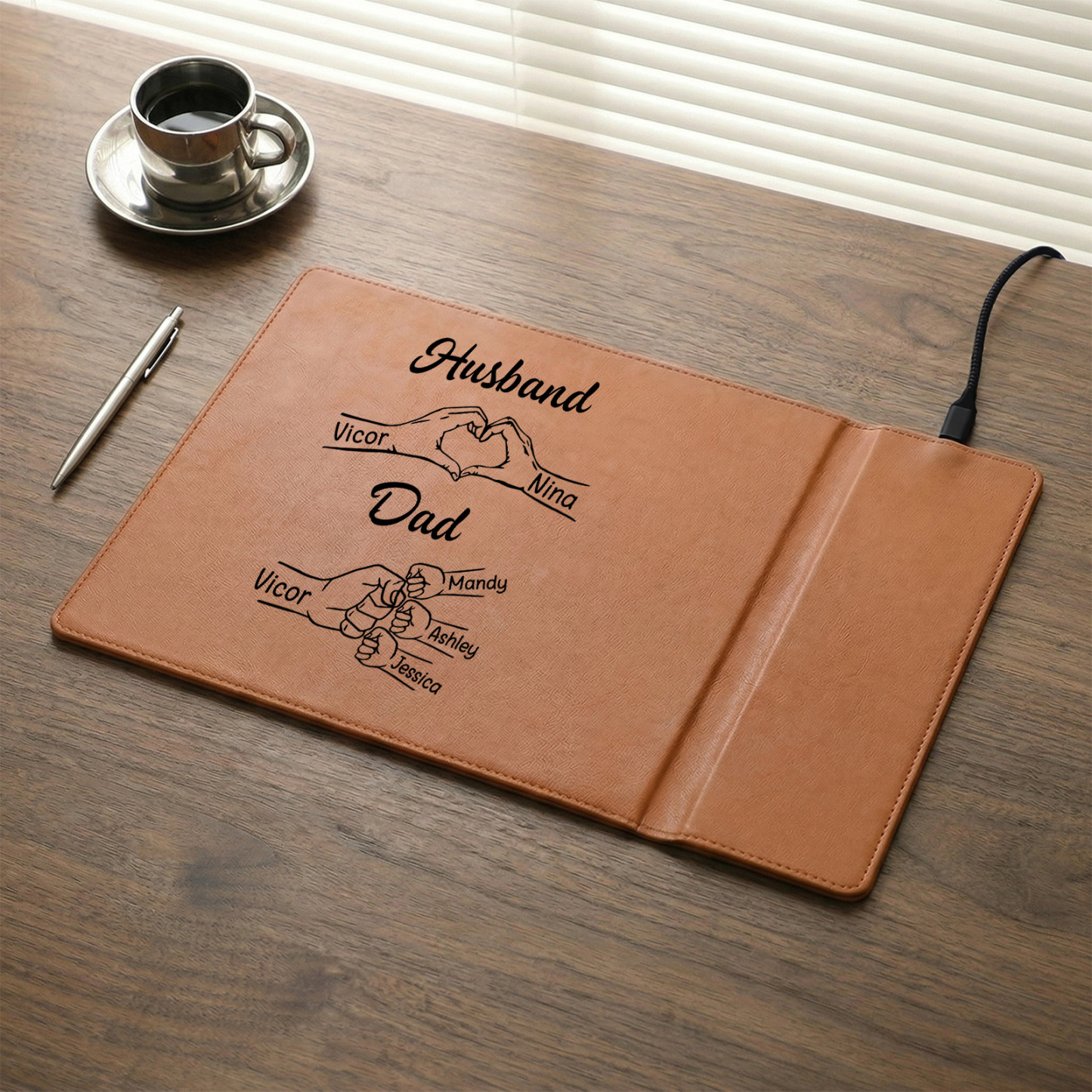 Personalized Leather Desk Charging Mat With Wireless Function Custom With 1-8 Names