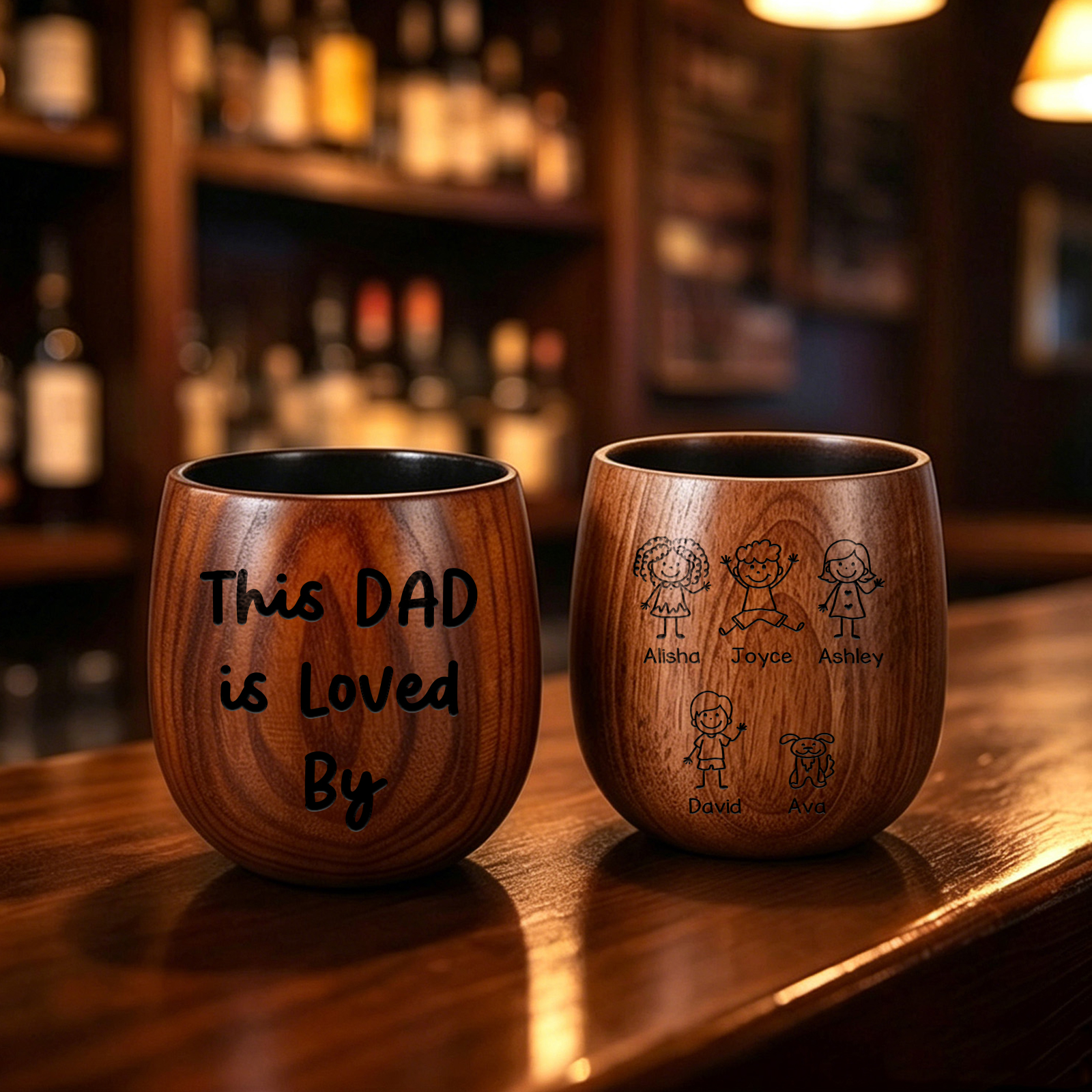Personalized Wooden Whiskey Tumbler Engraved Mug Customized with 1-8 Kids Names