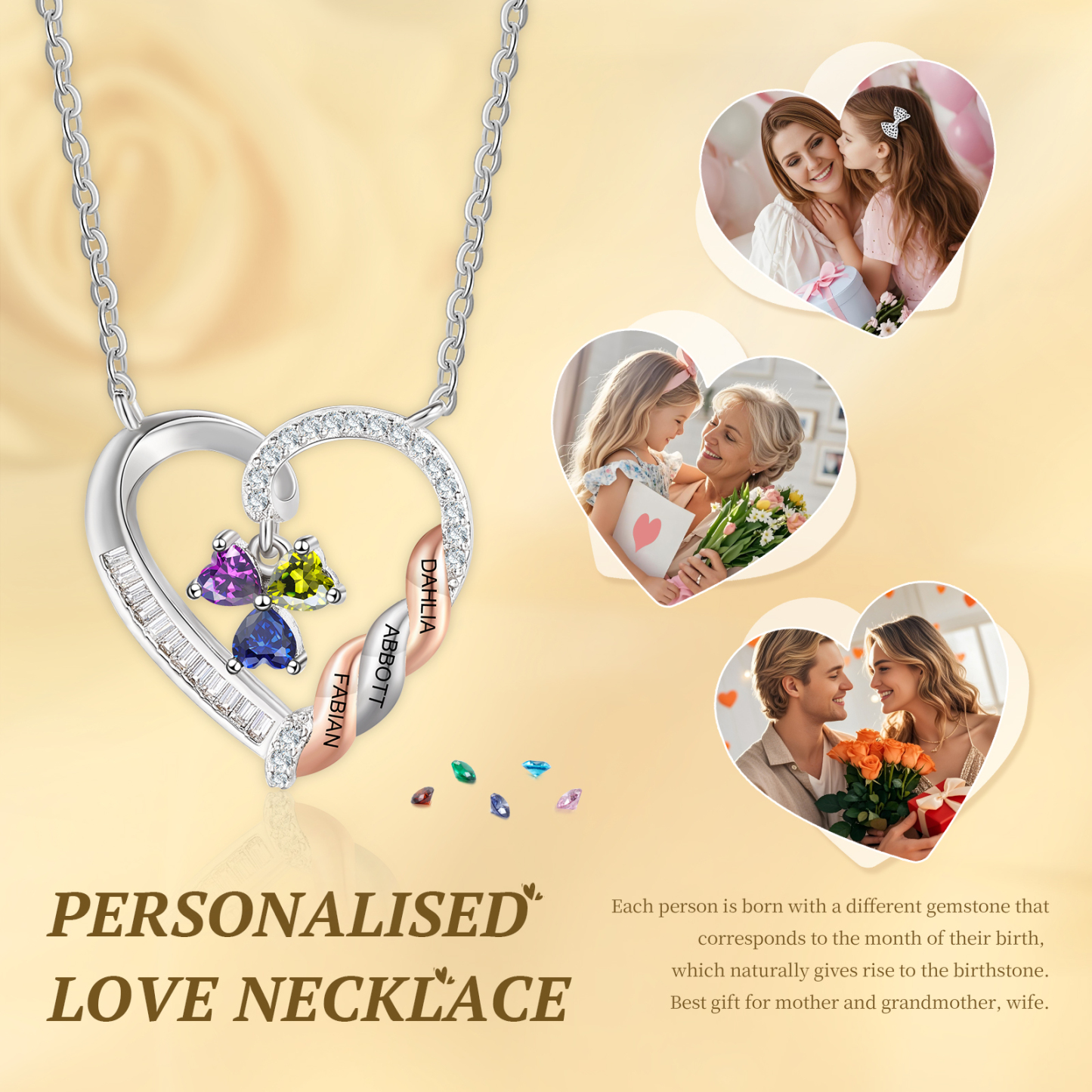 Personalized 2-4 Birthstones Heart Necklace