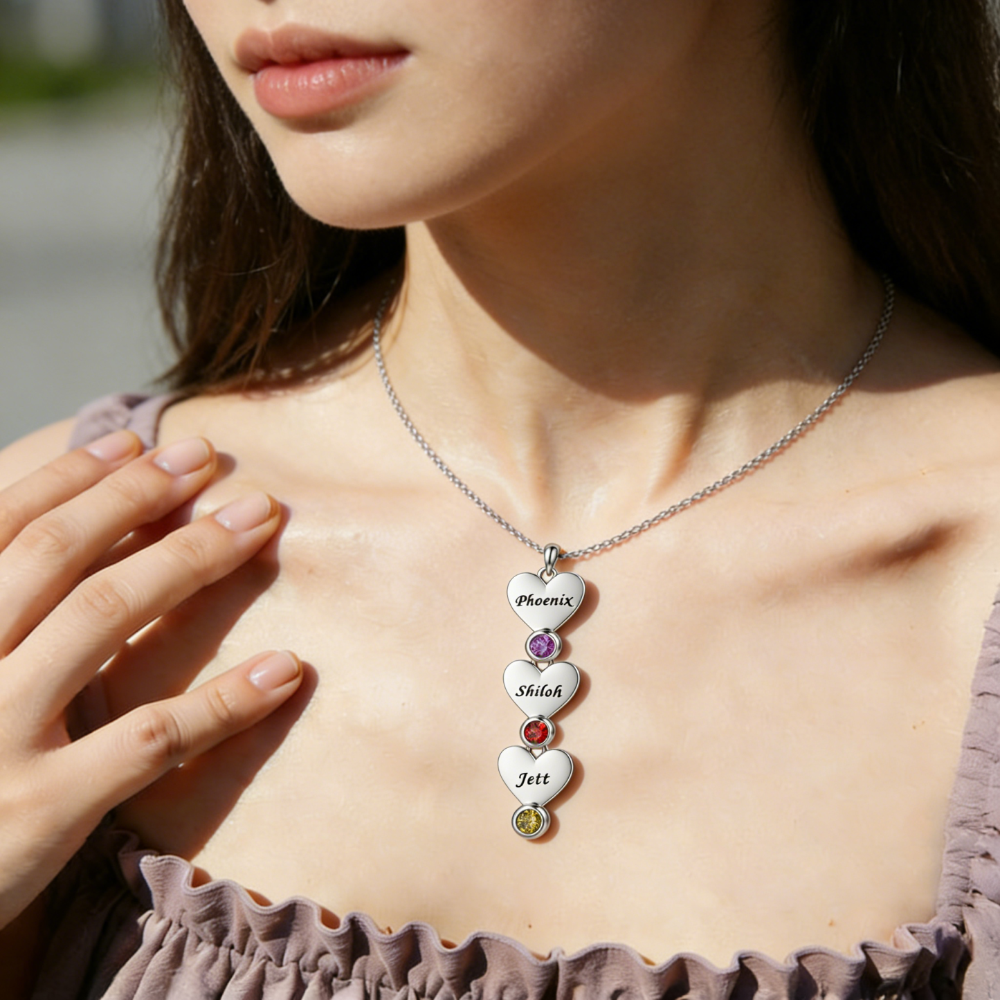Personalized Necklace With Vertical Hearts Pendant Custom with 1-5 Names And Birthstones Gift For Mom
