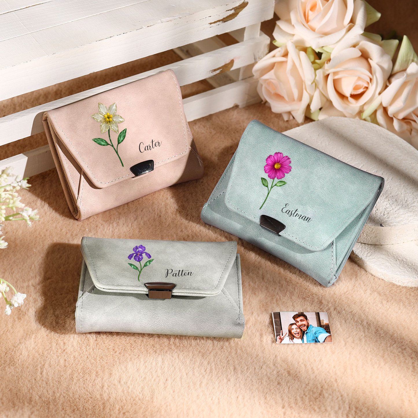 Personalized Women Leather Wallet Custom With Birth Flower And Name