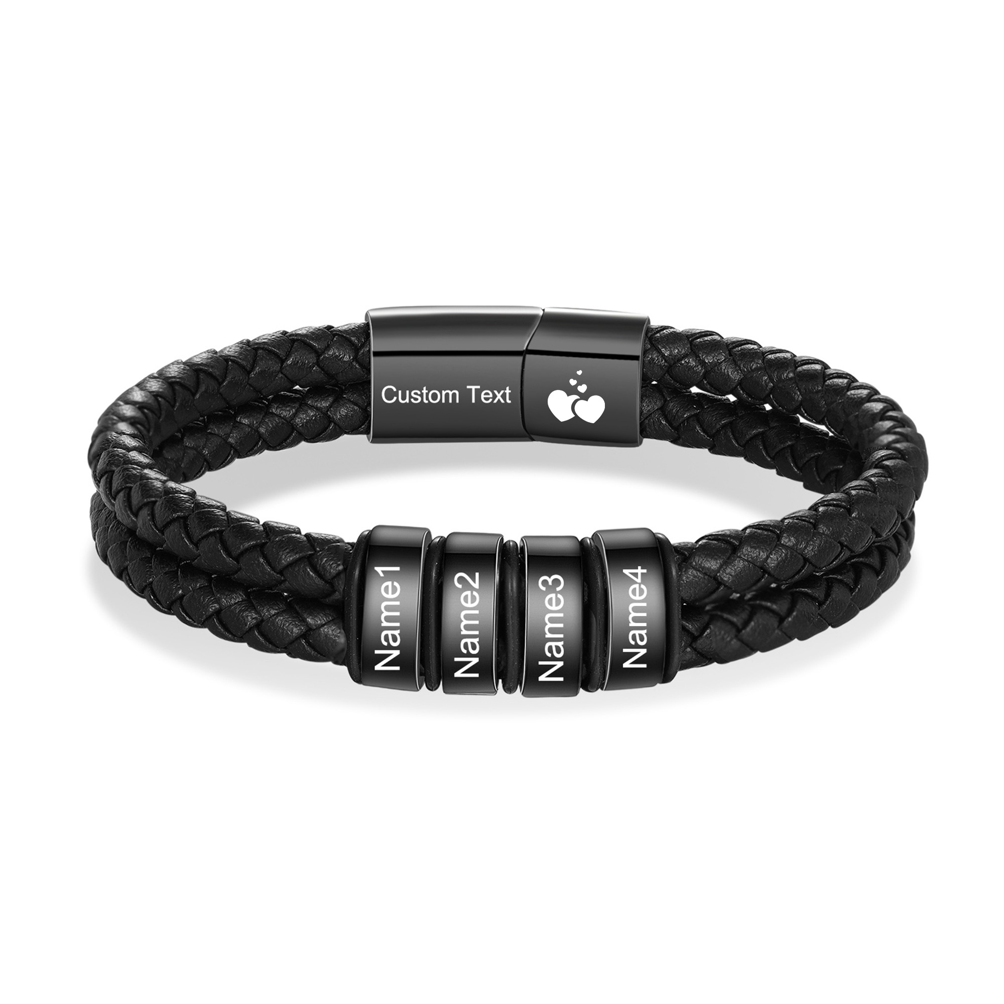 Personalized Black Braided Leather Bracelet Custom With 2-6 Names For Men