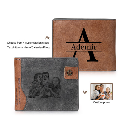 Personalized men's leather bifold wallet with custom photo, initial, and name – Christmas, birthday, or Father’s Day gift for dad or boyfriend