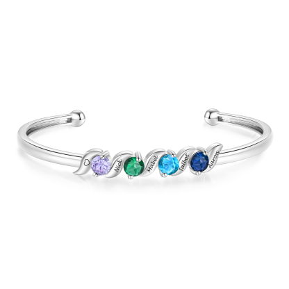 Personalized Women Birthstones Bangle Family Bracelet Customized With 1–5 Names Stones
