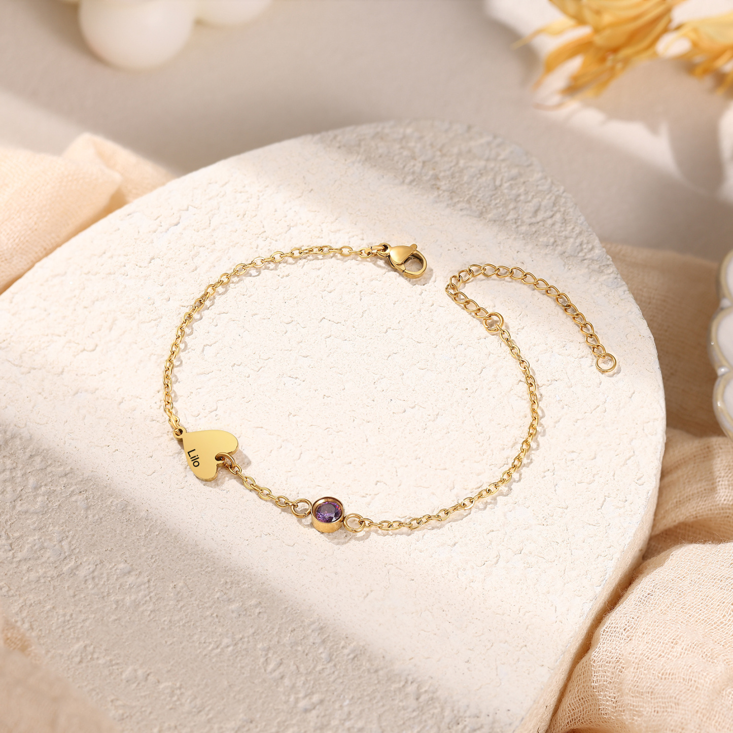 Personalized 1-5 Names Gold Heart Birthstone Chain Bracelet