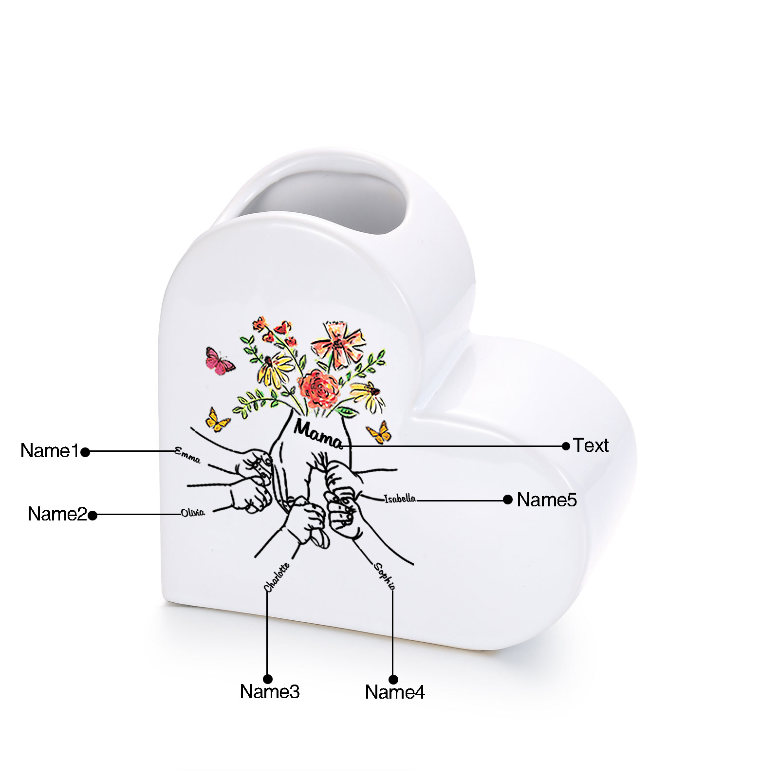 Personalized ceramic heart vase custom with text and 2–8 children’s names