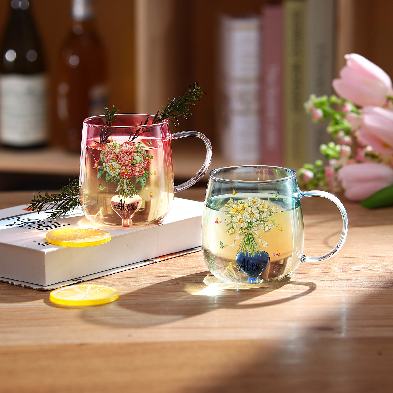 Custom Name Birth Flower Ombre Pink Glass Mug