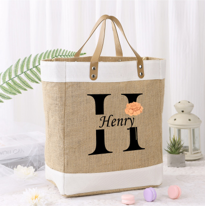 Personalized Jute Tote Bag, Birth Flower Monogram