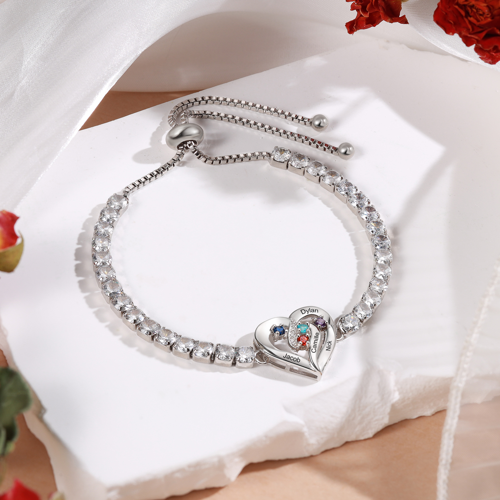 Personalized Diamond Heart Birthstone Tennis Bracelet with 2–5 Custom Names